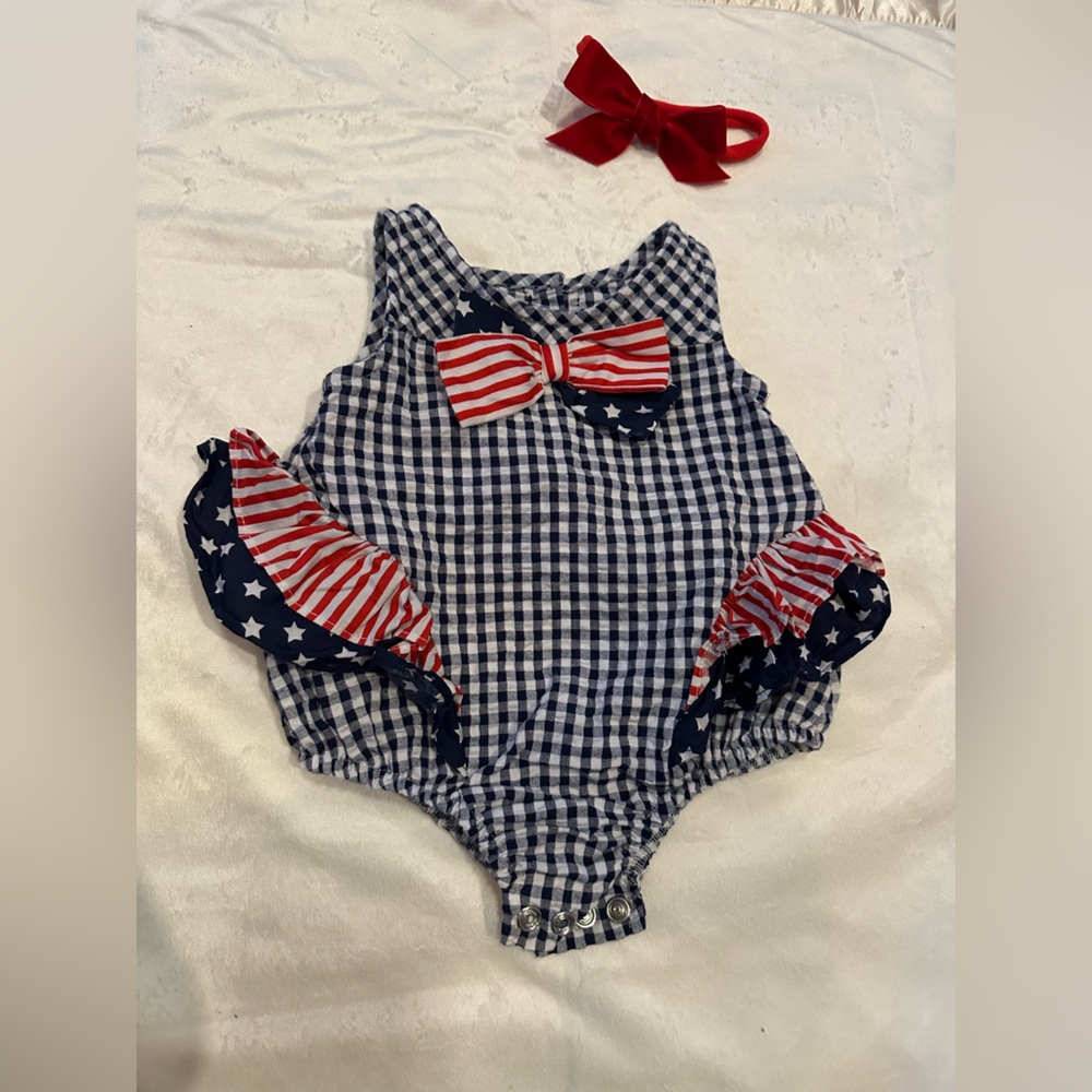 3 month red white blue gingham  iris & ivy onsie